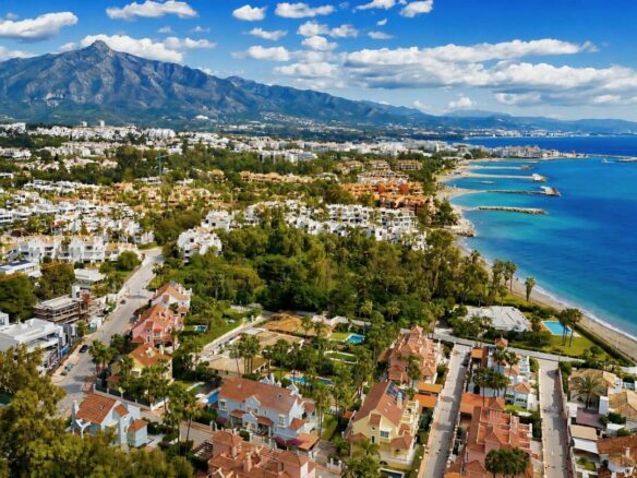 Aerial view of Puerto Banús and the Costa del Sol coastline near Lorea Playa