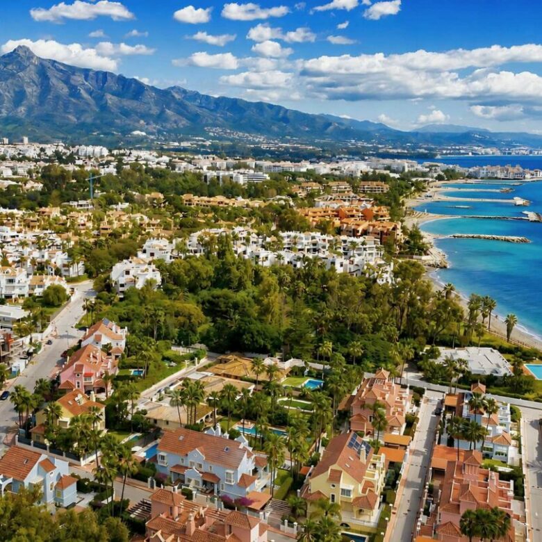 Aerial view of Puerto Banús and the Costa del Sol coastline near Lorea Playa
