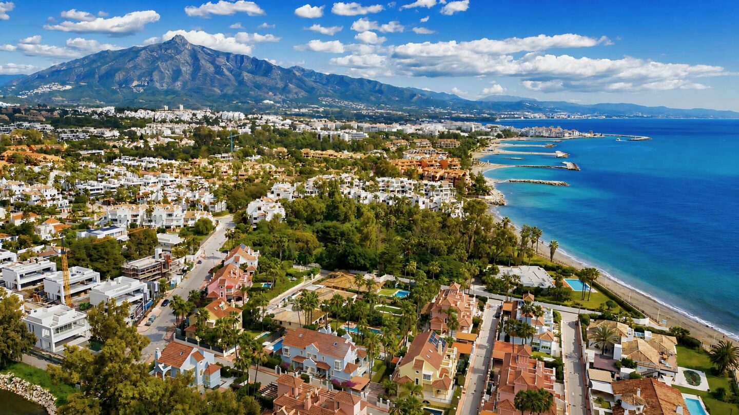Aerial view of Puerto Banús and the Costa del Sol coastline near Lorea Playa