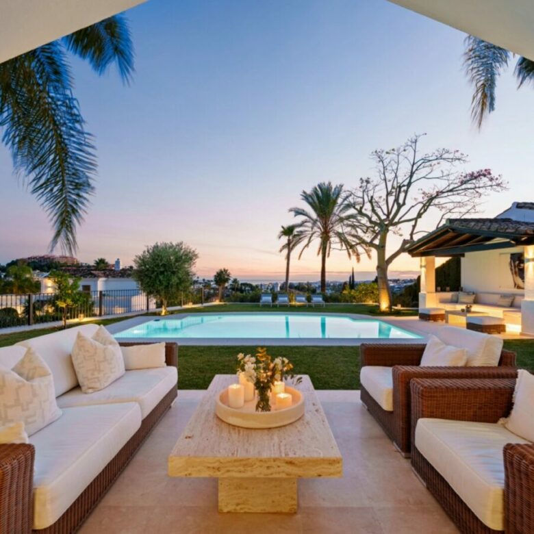 FOR SALE 🏡 Elevated Single-Level Villa with Sea Views, Mature Garden and Pool Pavilion – Haza del Conde, Nueva Andalucía 🇪🇸