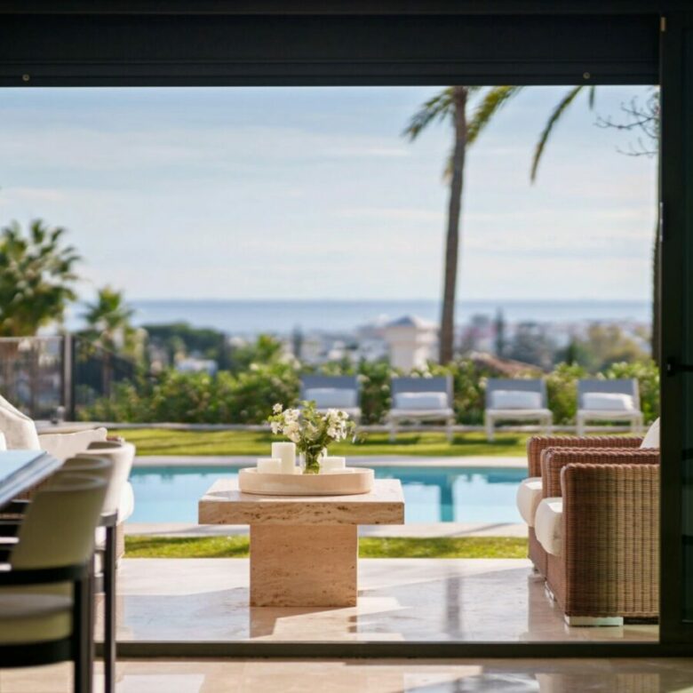 FOR SALE 🏡 Elevated Single-Level Villa with Sea Views, Mature Garden and Pool Pavilion – Haza del Conde, Nueva Andalucía 🇪🇸